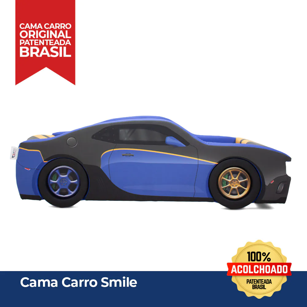 Cama Carro Smile solteiro Estofada Roda Embutida Azul