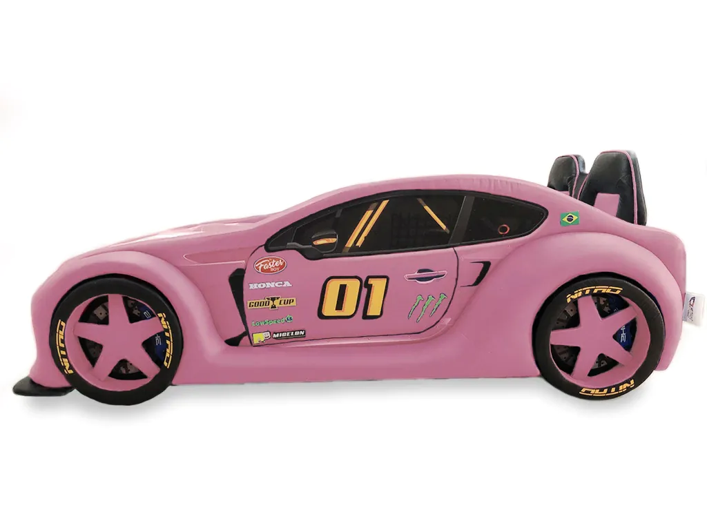 Cama Carro Zmax Racing solteiro com leds e banco traseiro totalmente estofada -Rosa