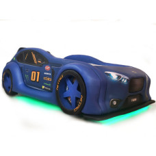 Cama Carro Zmax Racing solteiro com leds e banco traseiro totalmente estofada - cor azul